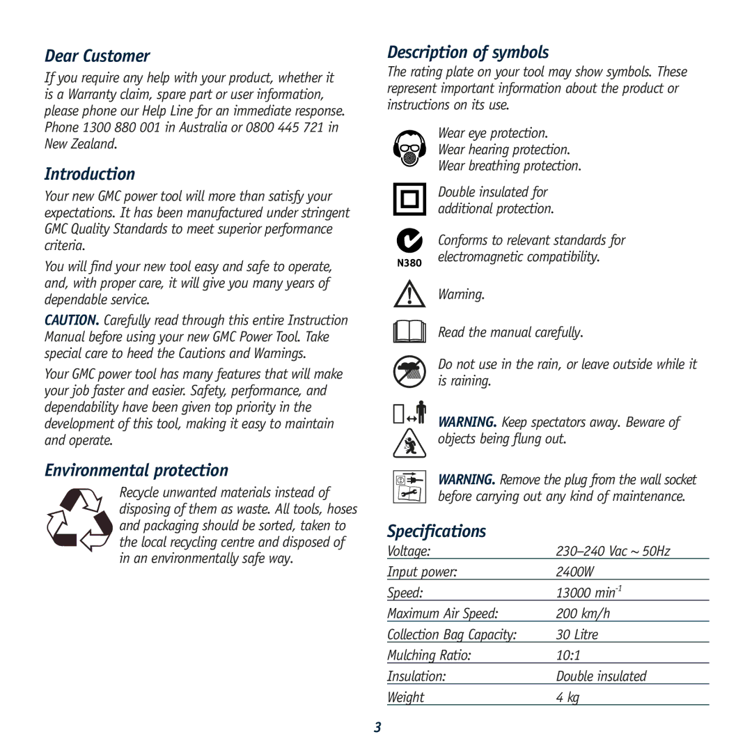 Global Machinery Company BV2400 Dear Customer, Introduction, Environmental protection, Description of symbols 