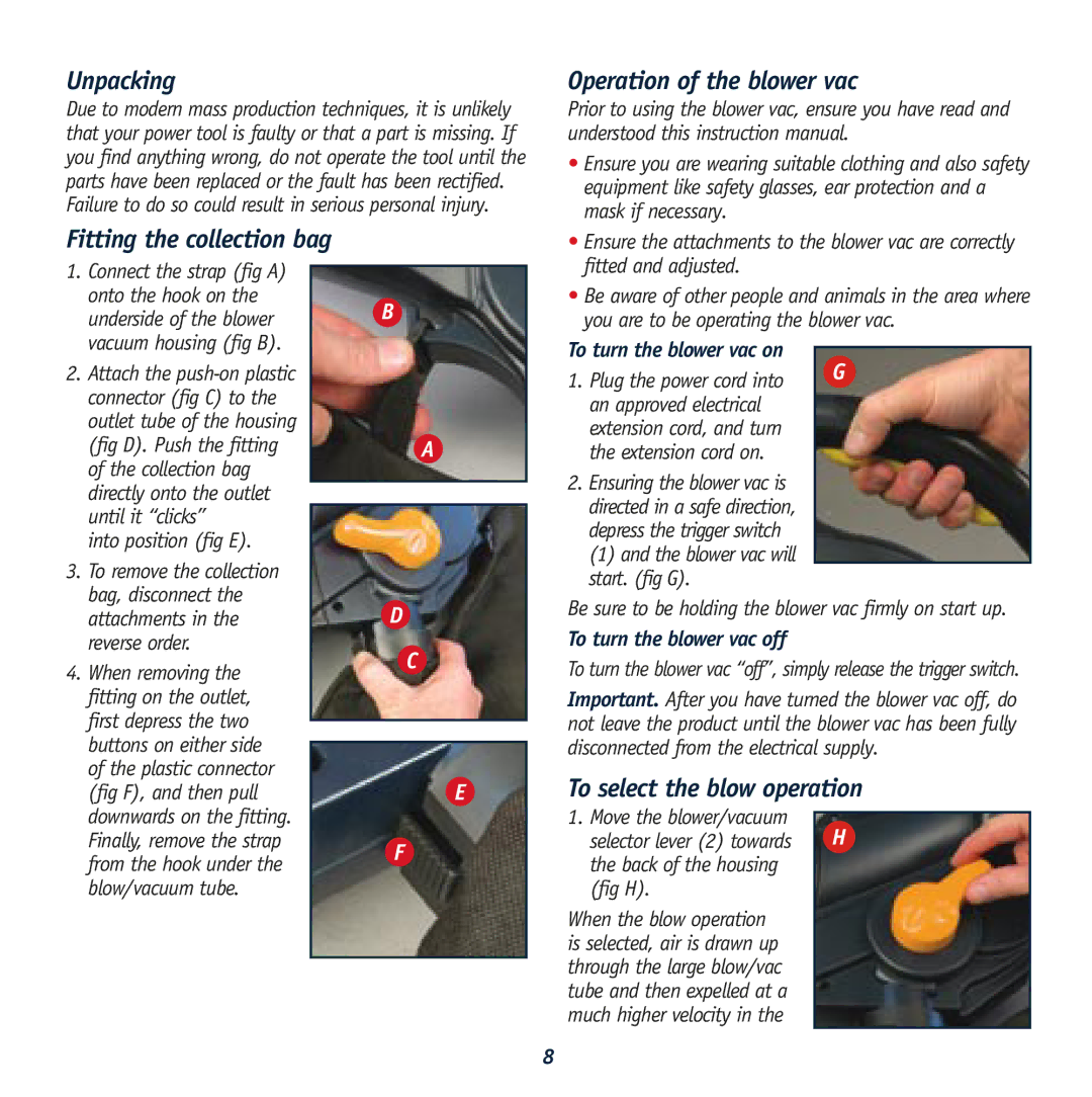 Global Machinery Company BV2400 instruction manual Unpacking, Fitting the collection bag, Operation of the blower vac 