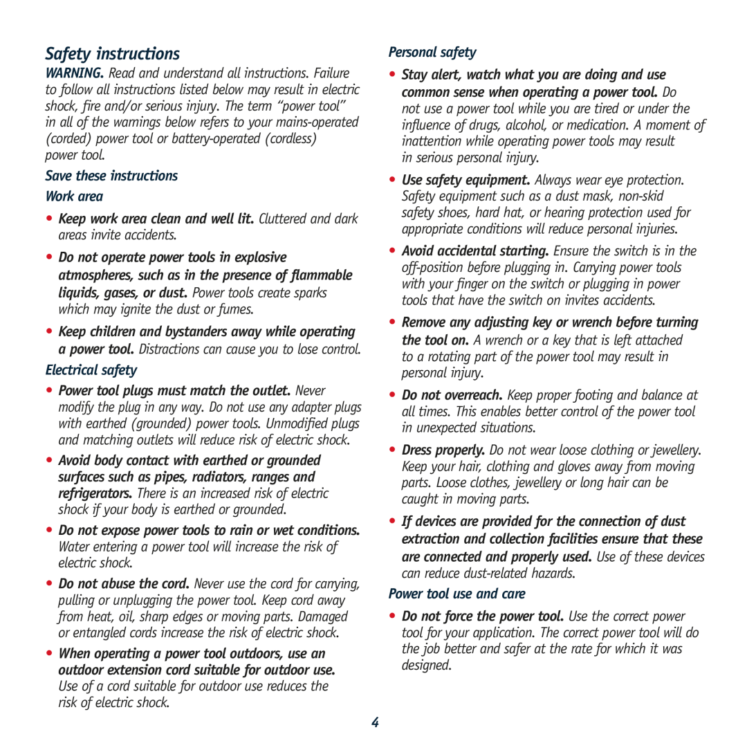 Global Machinery Company BV2400 Safety instructions, Save these instructions Work area, Electrical safety, Personal safety 