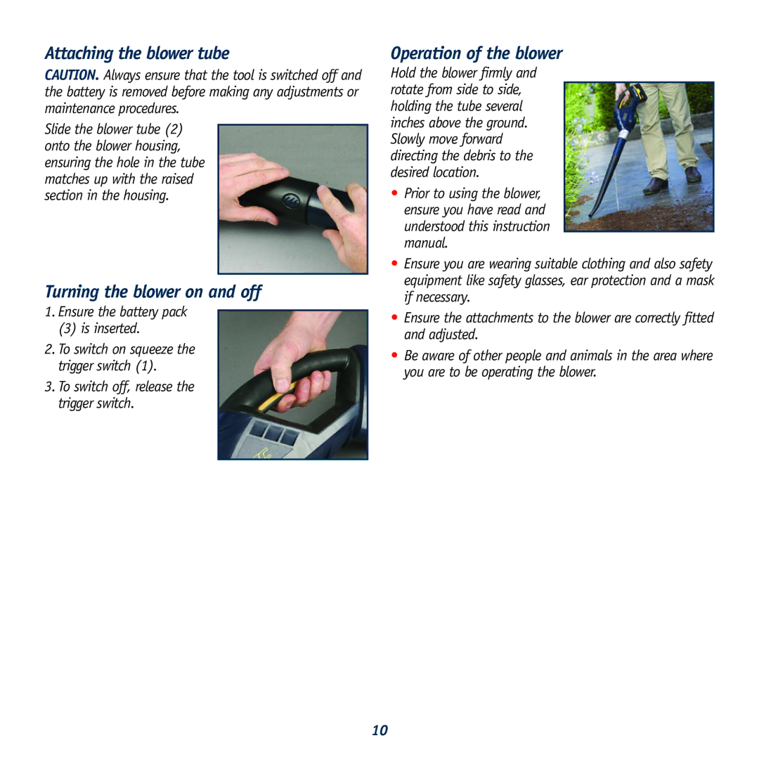 Global Machinery Company CBL18 Attaching the blower tube, Turning the blower on and off, Operation of the blower 