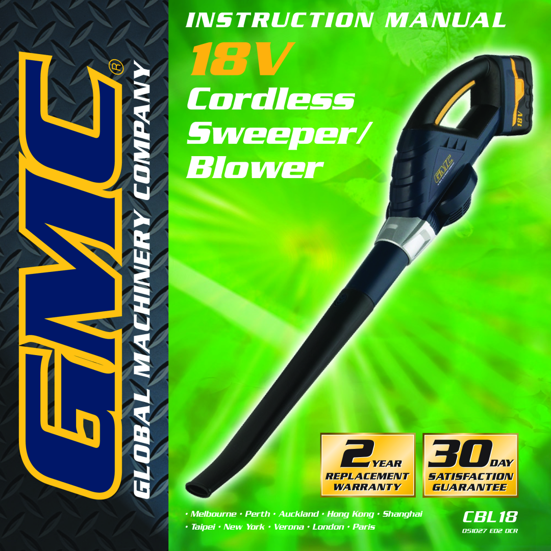 Global Machinery Company CBL18 instruction manual Cordless Sweeper Blower, Taipei New York Verona London Paris 