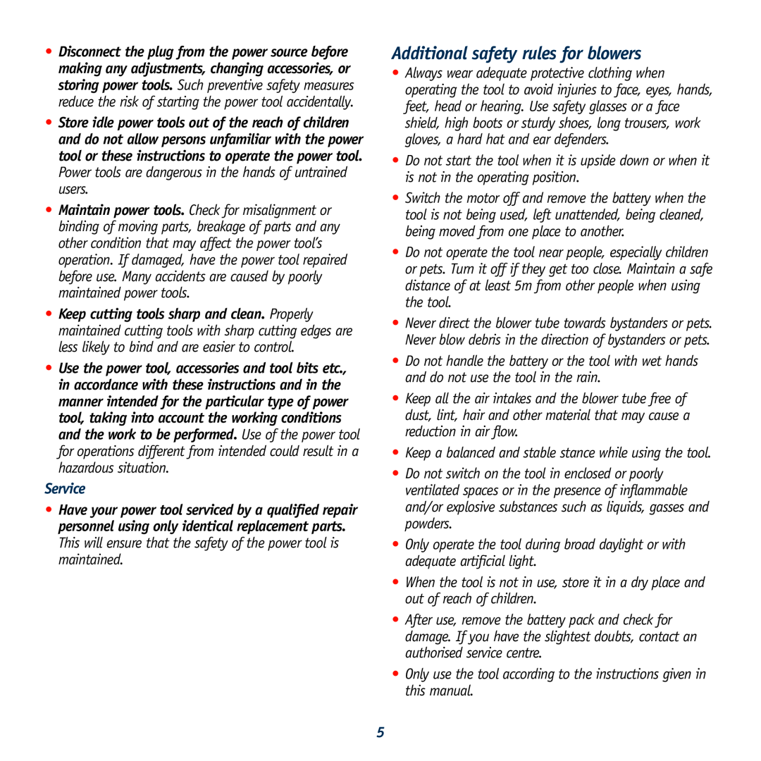 Global Machinery Company CBL18 instruction manual Additional safety rules for blowers, Service 