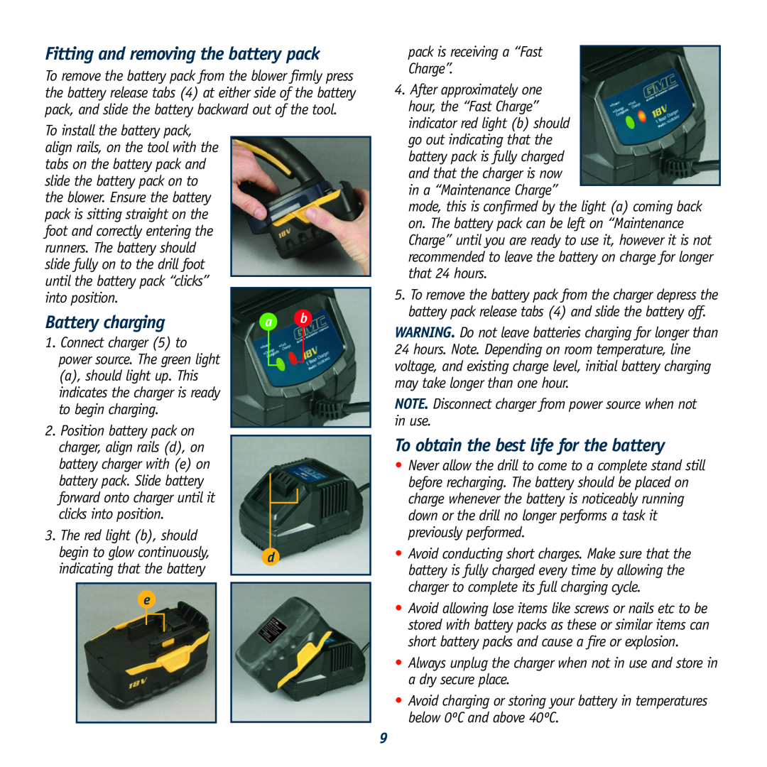 Global Machinery Company CBL18 instruction manual Fitting and removing the battery pack, Battery charging 