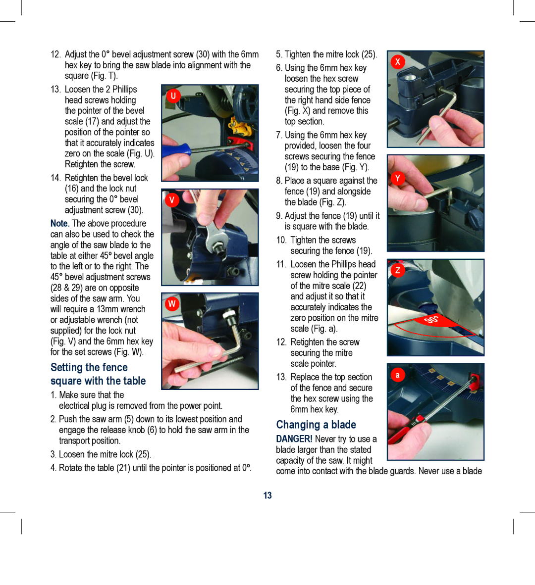 Global Machinery Company CDB305MS, CDB250MS instruction manual Setting the fence square with the table, Changing a blade 