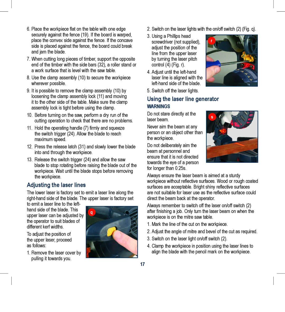 Global Machinery Company CDB305MS, CDB250MS instruction manual Adjusting the laser lines, Using the laser line generator 