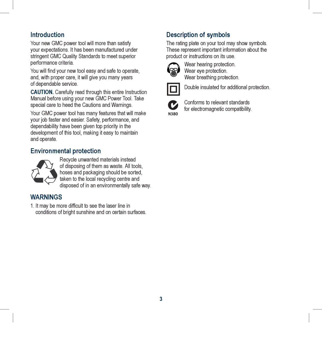 Global Machinery Company CDB305MS, CDB250MS Introduction, Environmental protection, Description of symbols 