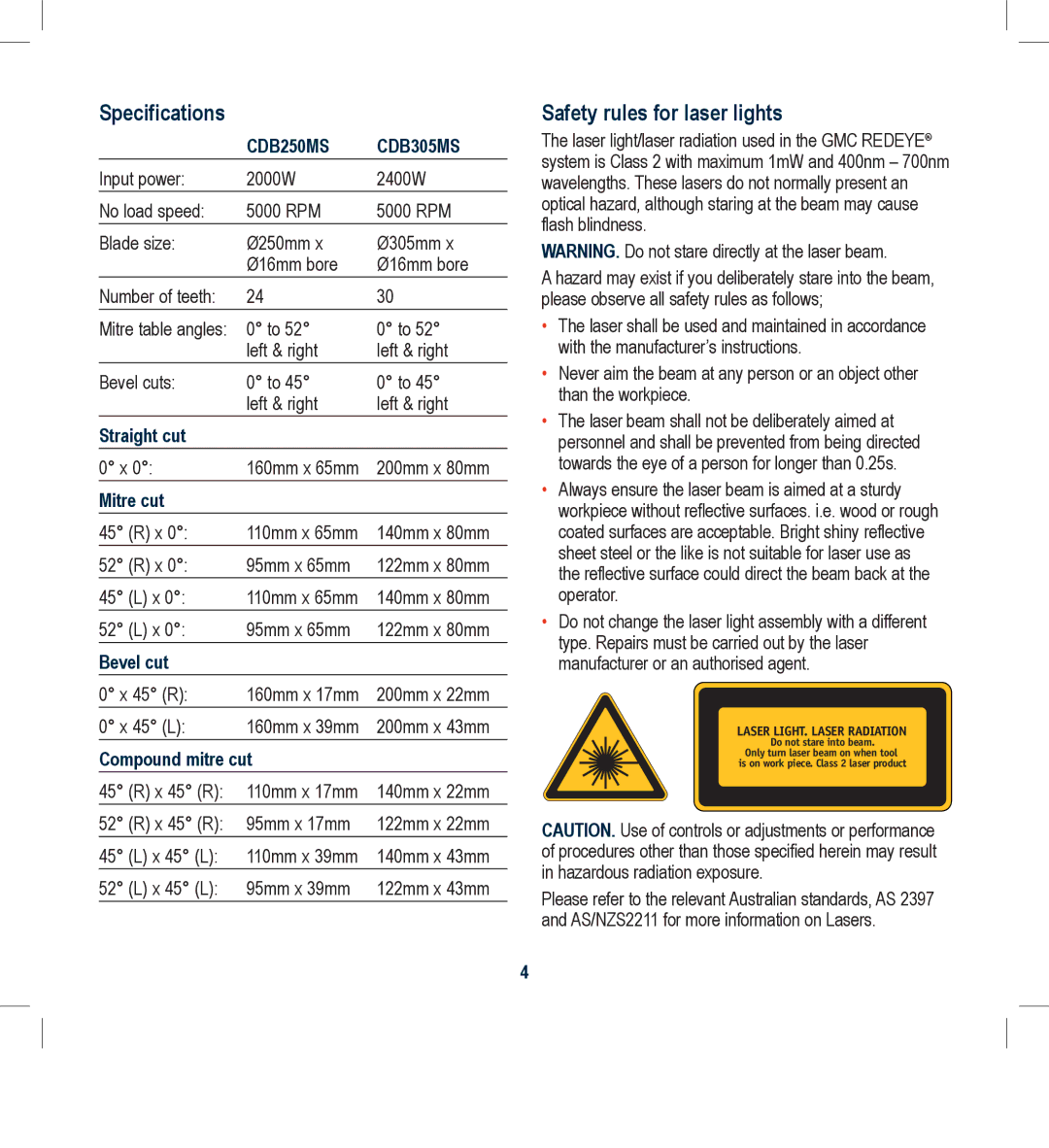 Global Machinery Company CDB250MS, CDB305MS instruction manual Specifications, Safety rules for laser lights 