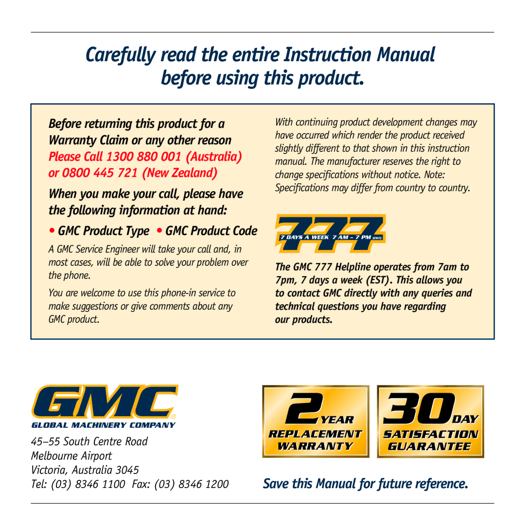 Global Machinery Company COS355 instruction manual Save this Manual for future reference 