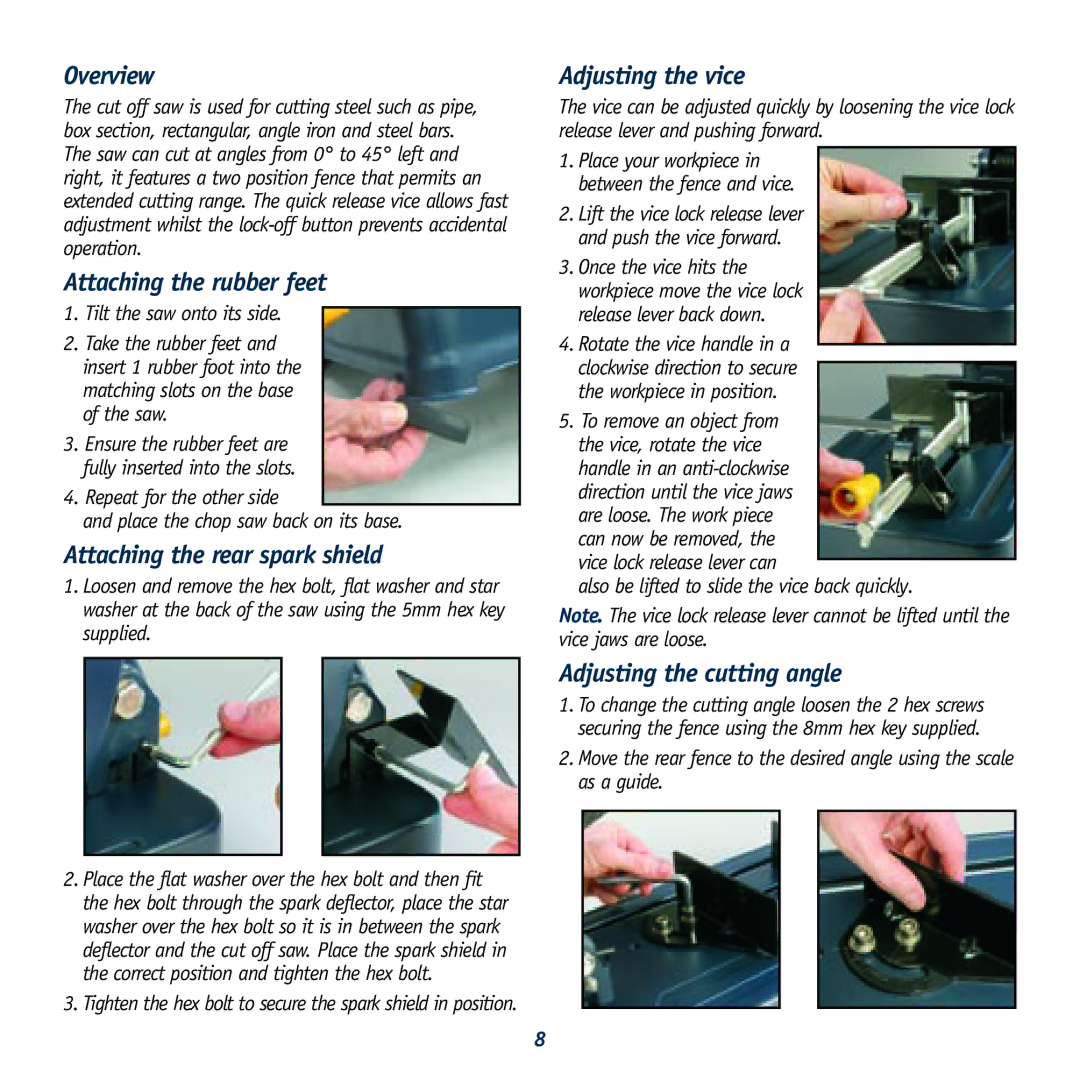 Global Machinery Company COS355 Overview, Attaching the rubber feet, Attaching the rear spark shield, Adjusting the vice 