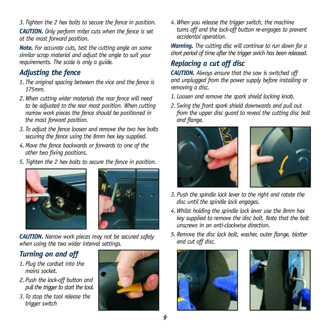 Global Machinery Company COS355 instruction manual Adjusting the fence, Turning on and off, Replacing a cut off disc 