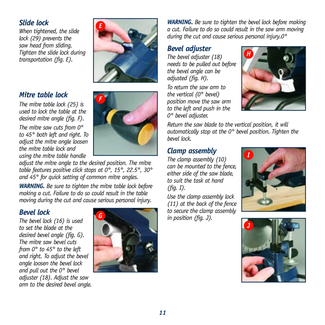 Global Machinery Company DB305SMS, DB250SMS Slide lock, Mitre table lock, Bevel lock, Bevel adjuster, Clamp assembly 