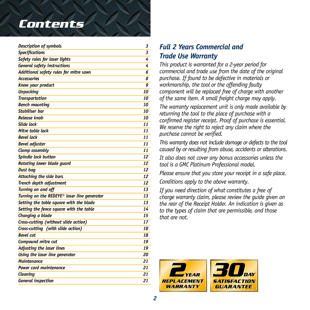 Global Machinery Company DB250SMS, DB305SMS instruction manual Contents 