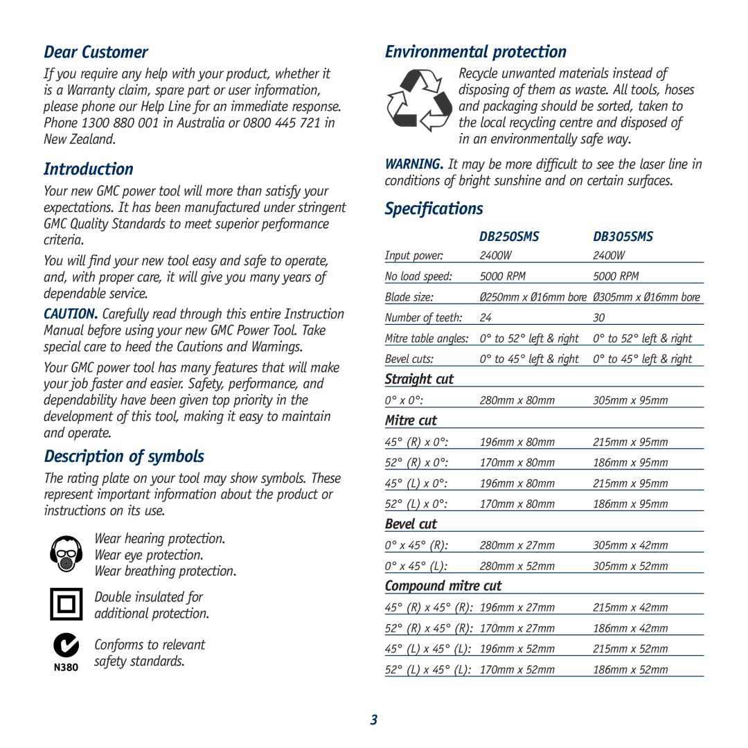 Global Machinery Company DB305SMS, DB250SMS Dear Customer, Introduction, Description of symbols, Environmental protection 