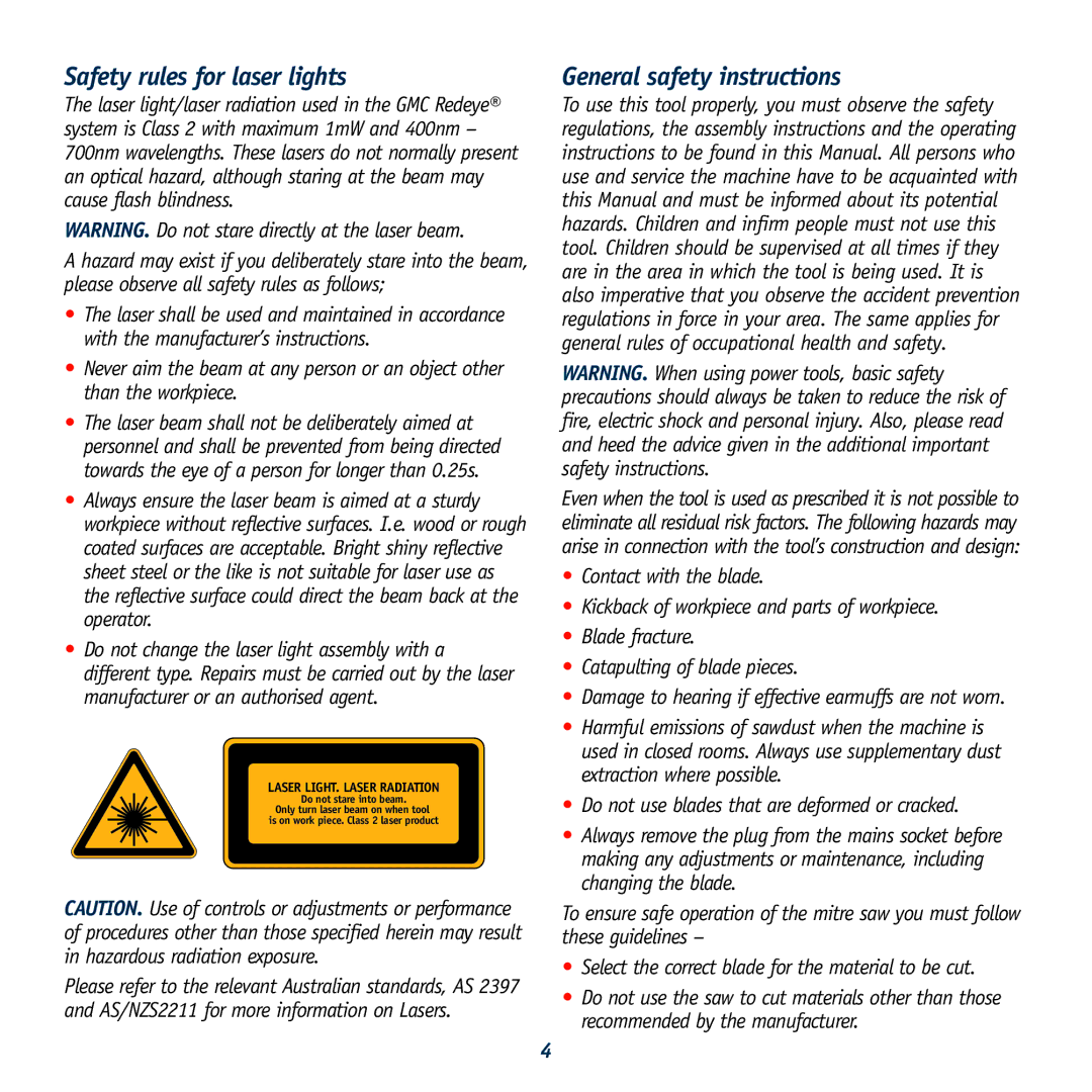 Global Machinery Company DB250SMS, DB305SMS instruction manual Safety rules for laser lights, General safety instructions 