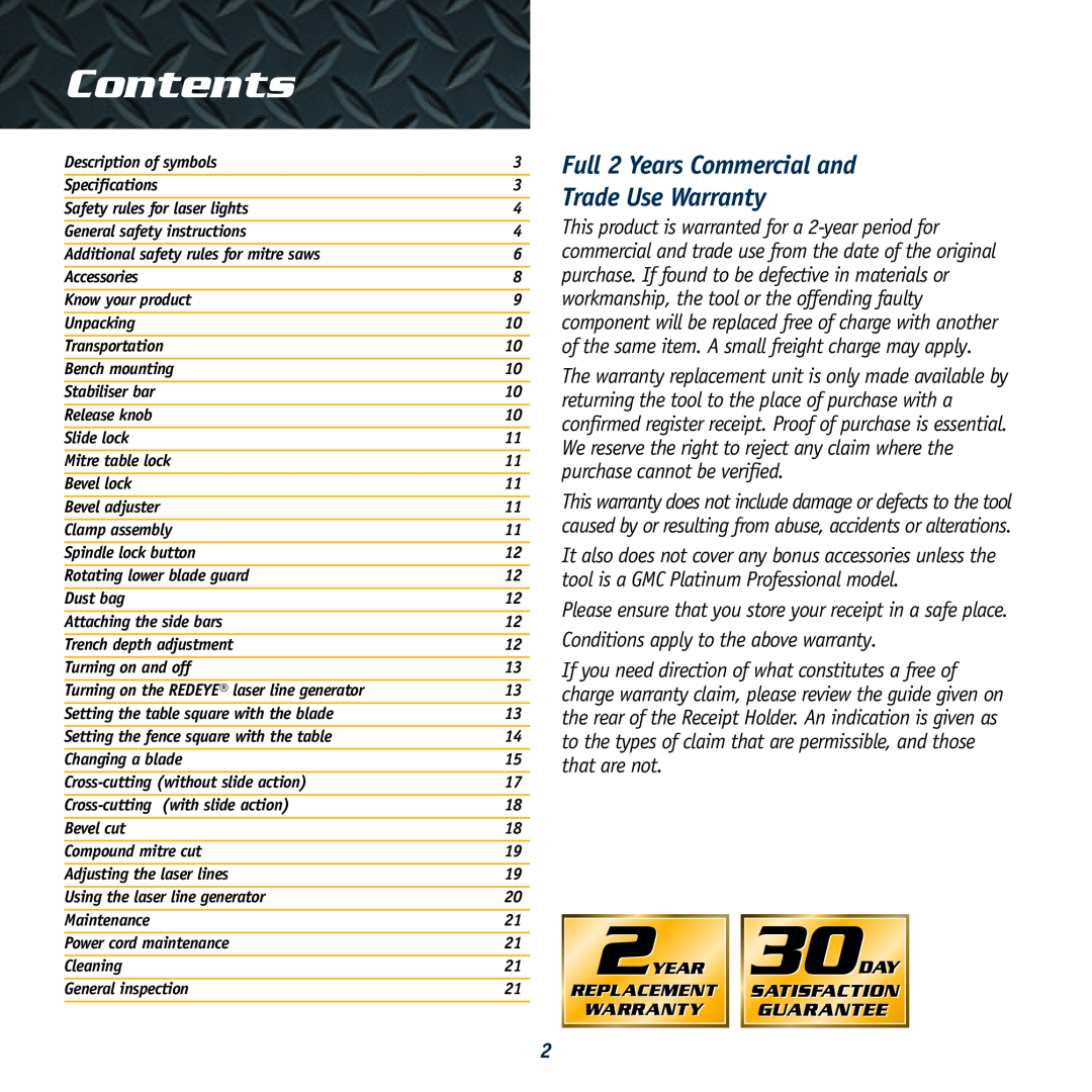 Global Machinery Company DB250SMS, DB305SMS instruction manual Full 2 Years Commercial and Trade Use Warranty, Contents 