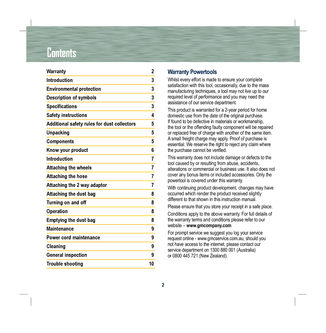 Global Machinery Company DC750 instruction manual Contents 