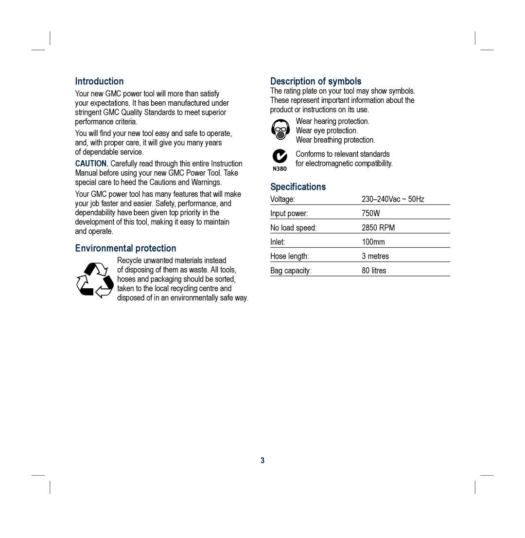 Global Machinery Company DC750 Introduction, Environmental protection, Description of symbols, Specifications 