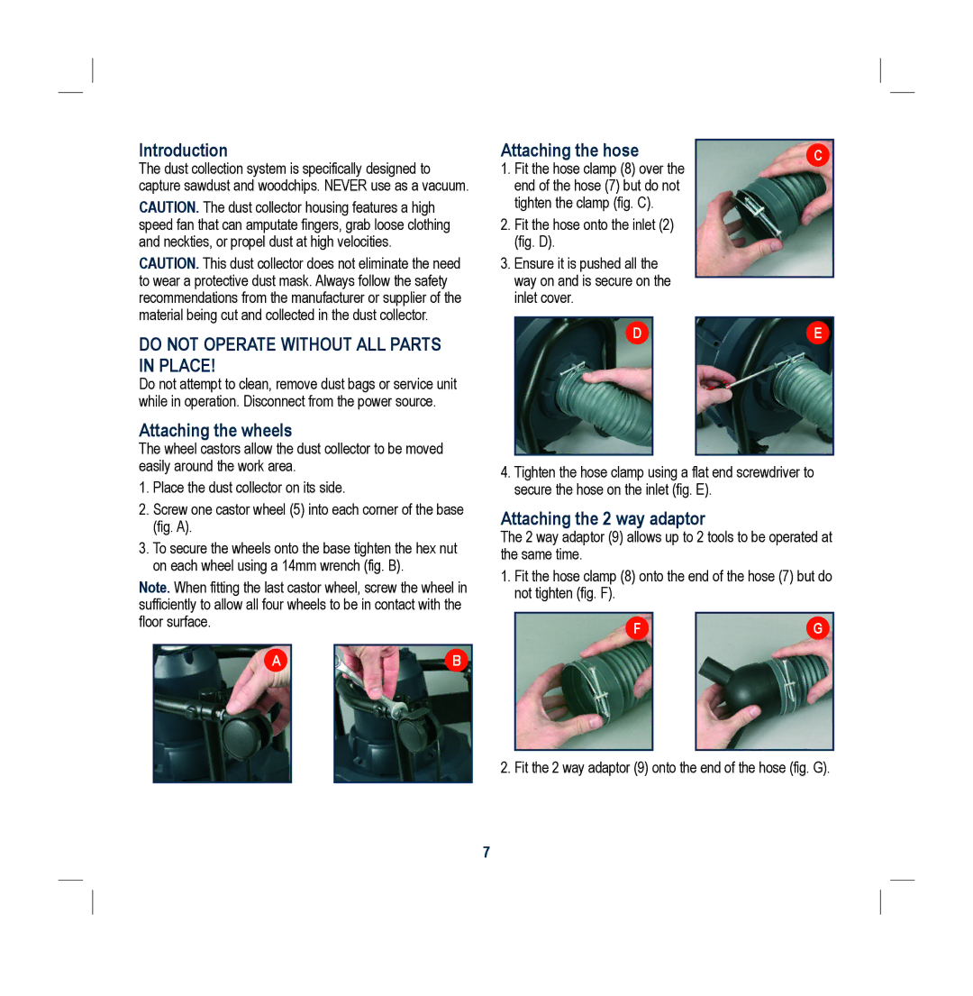 Global Machinery Company DC750 instruction manual Attaching the wheels, Attaching the hose, Attaching the 2 way adaptor 