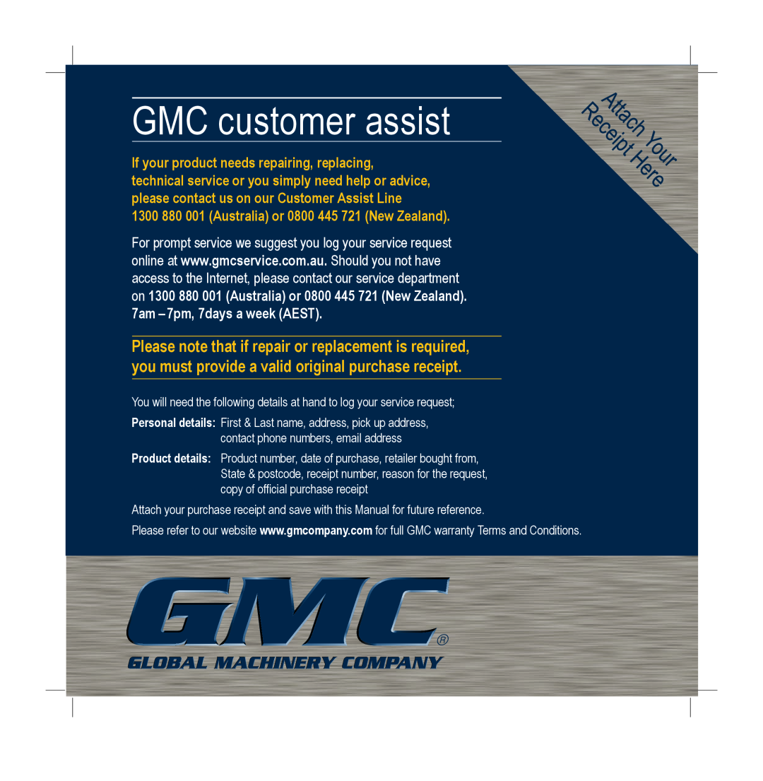 Global Machinery Company DC750 instruction manual GMC customer assist, 1300 880 001 Australia or 0800 445 721 New Zealand 