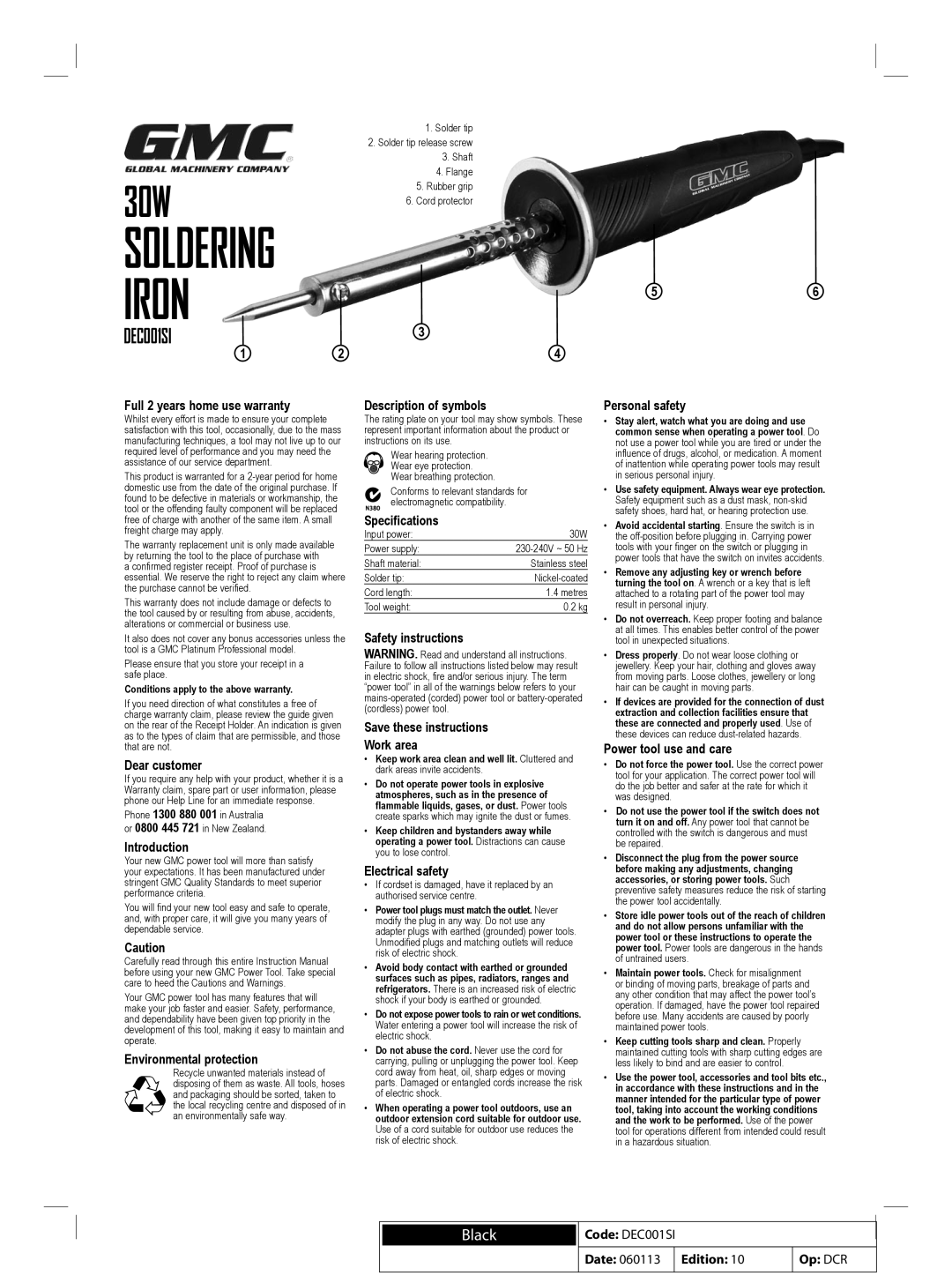 Global Machinery Company DEC001SI warranty Soldering Iron 