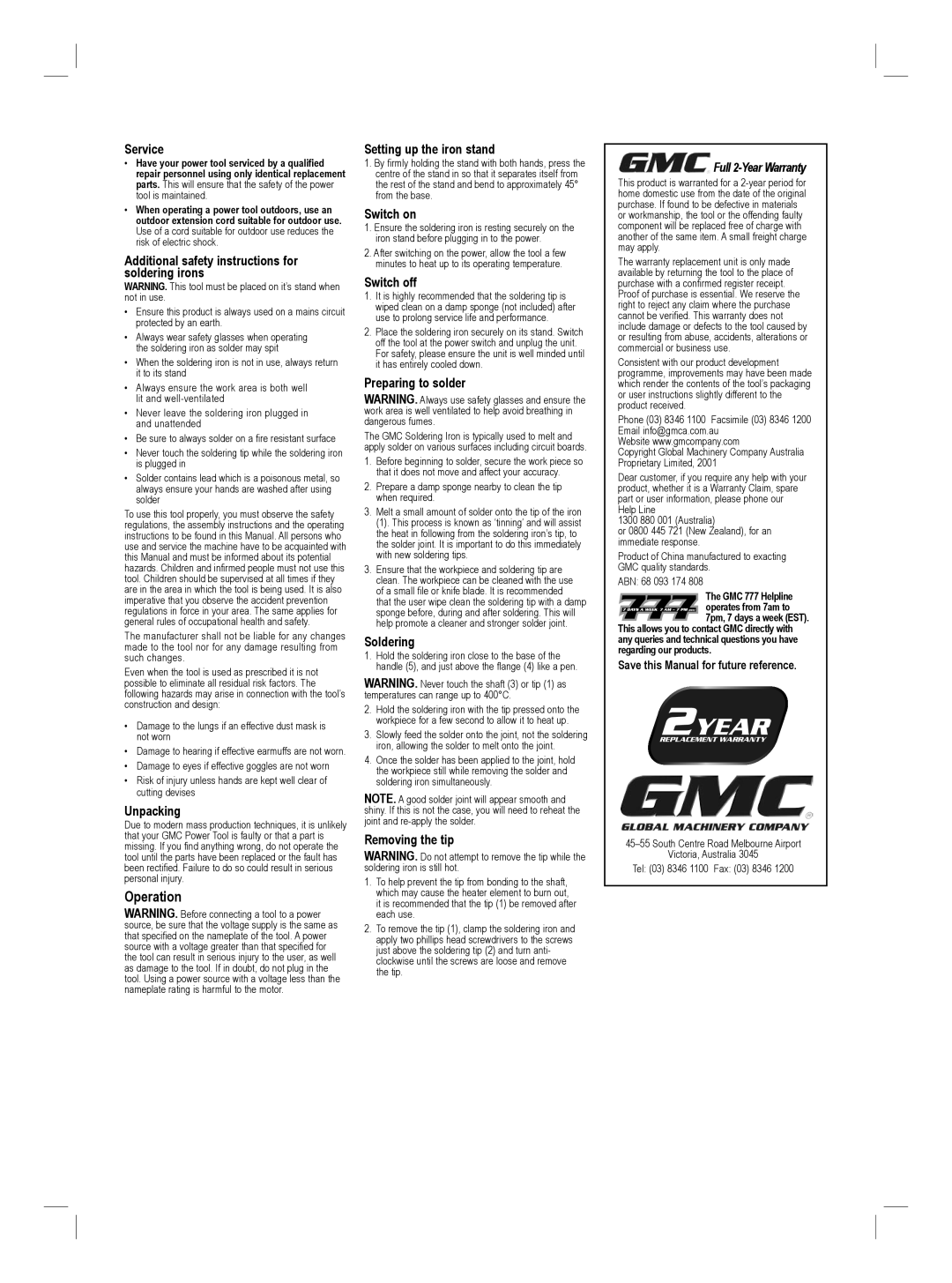 Global Machinery Company DEC001SI warranty Operation 