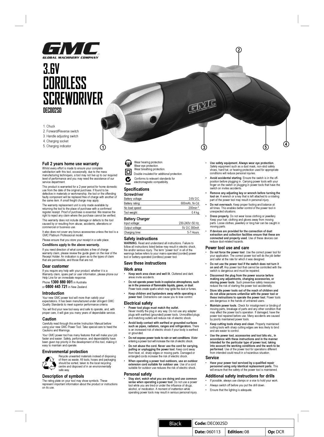 Global Machinery Company DEC001SI warranty DEC002SD, Additional safety instructions for drills 