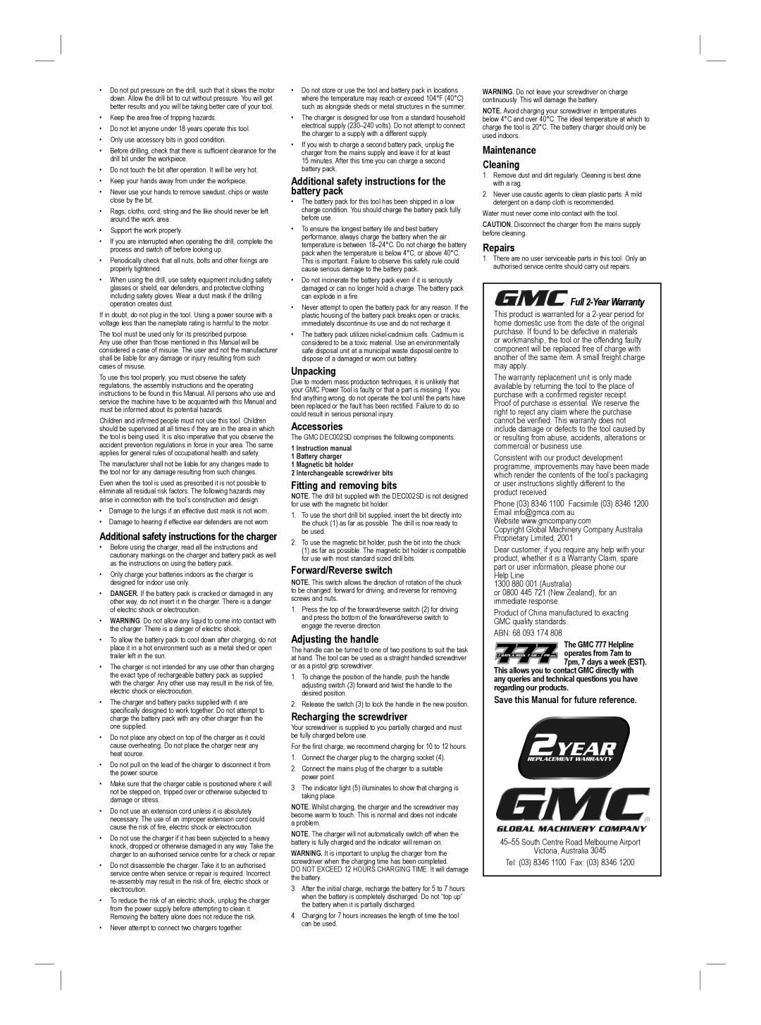 Global Machinery Company DEC001SI Additional safety instructions for the charger, Accessories, Fitting and removing bits 