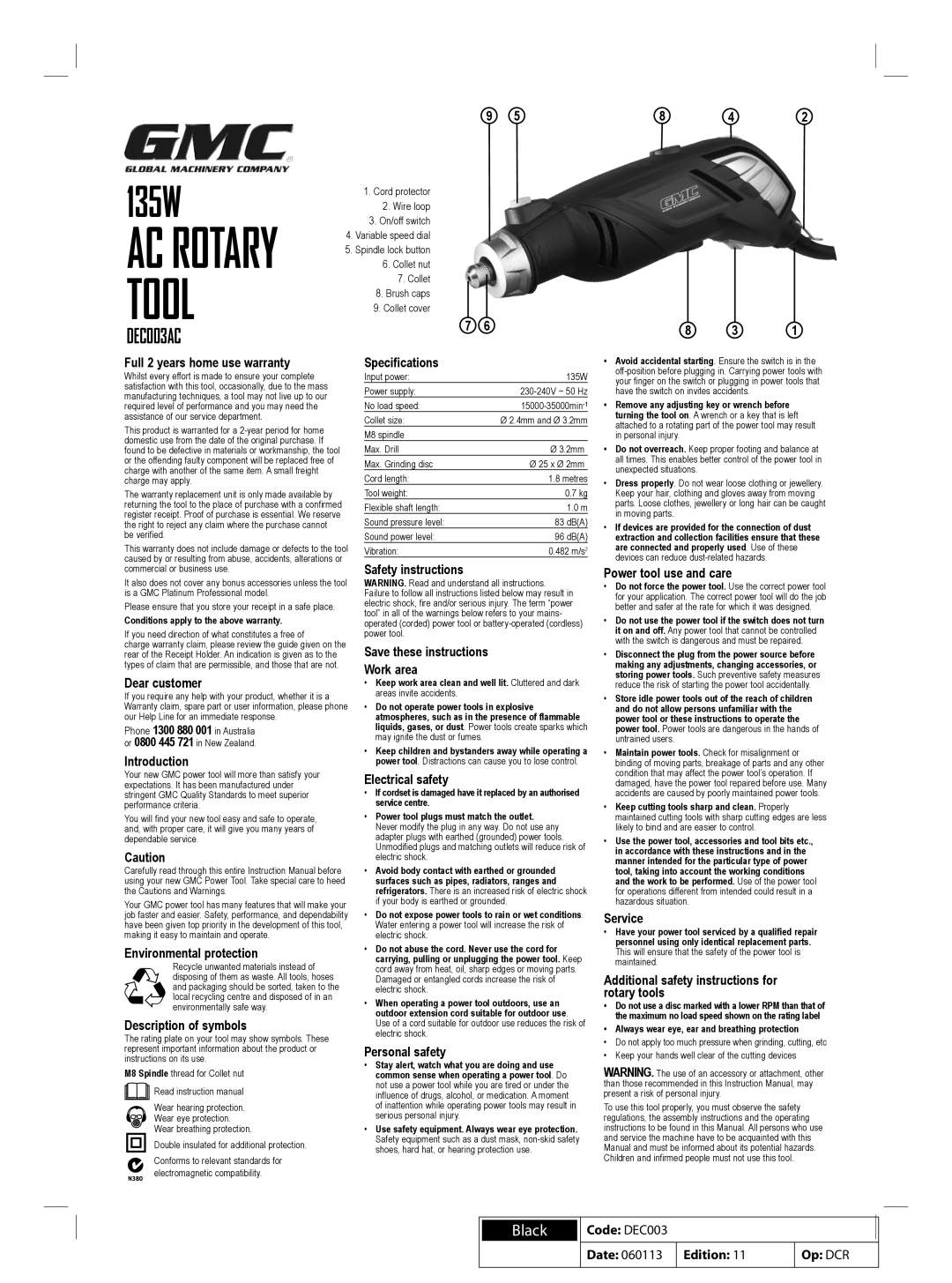 Global Machinery Company DEC001SI warranty AC Rotary, Tool, DEC003AC, Code DEC003 Date Edition Op DCR 