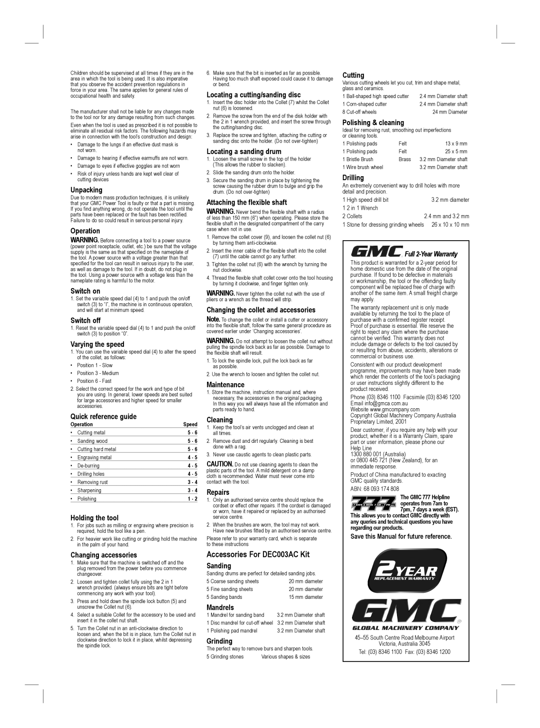 Global Machinery Company DEC001SI warranty Accessories For DEC003AC Kit 