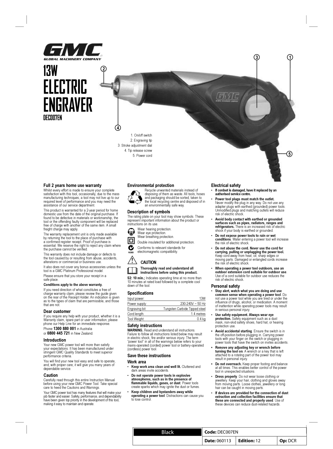 Global Machinery Company DEC001SI warranty Electric Engraver, DEC007EN 