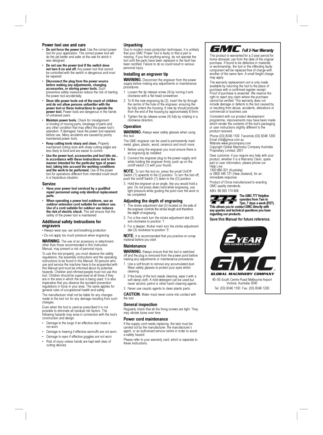 Global Machinery Company DEC001SI Additional safety instructions for engravers, Installing an engraver tip, Operation 