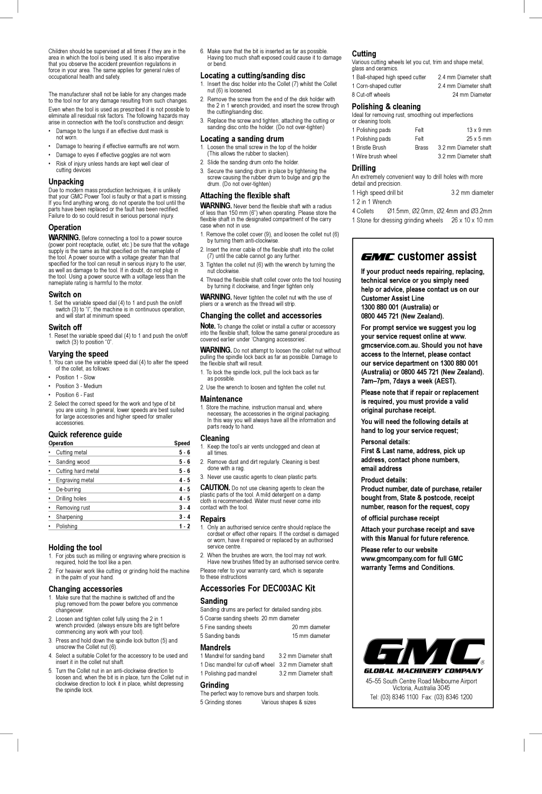 Global Machinery Company warranty customer assist, Accessories For DEC003AC Kit 