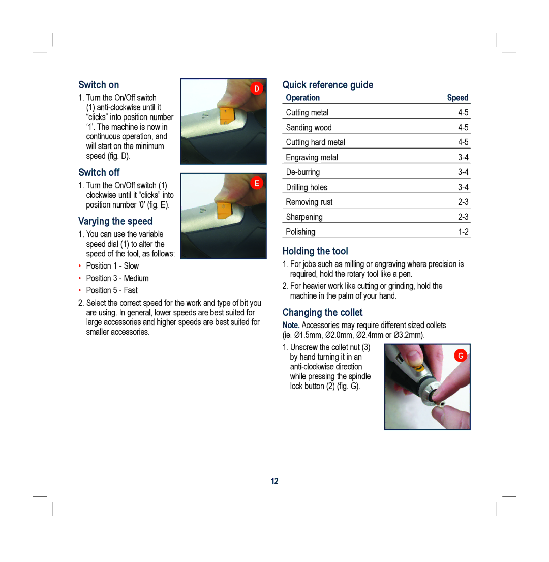 Global Machinery Company DEC004DC Switch on, Switch off, Varying the speed, Quick reference guide, Holding the tool 