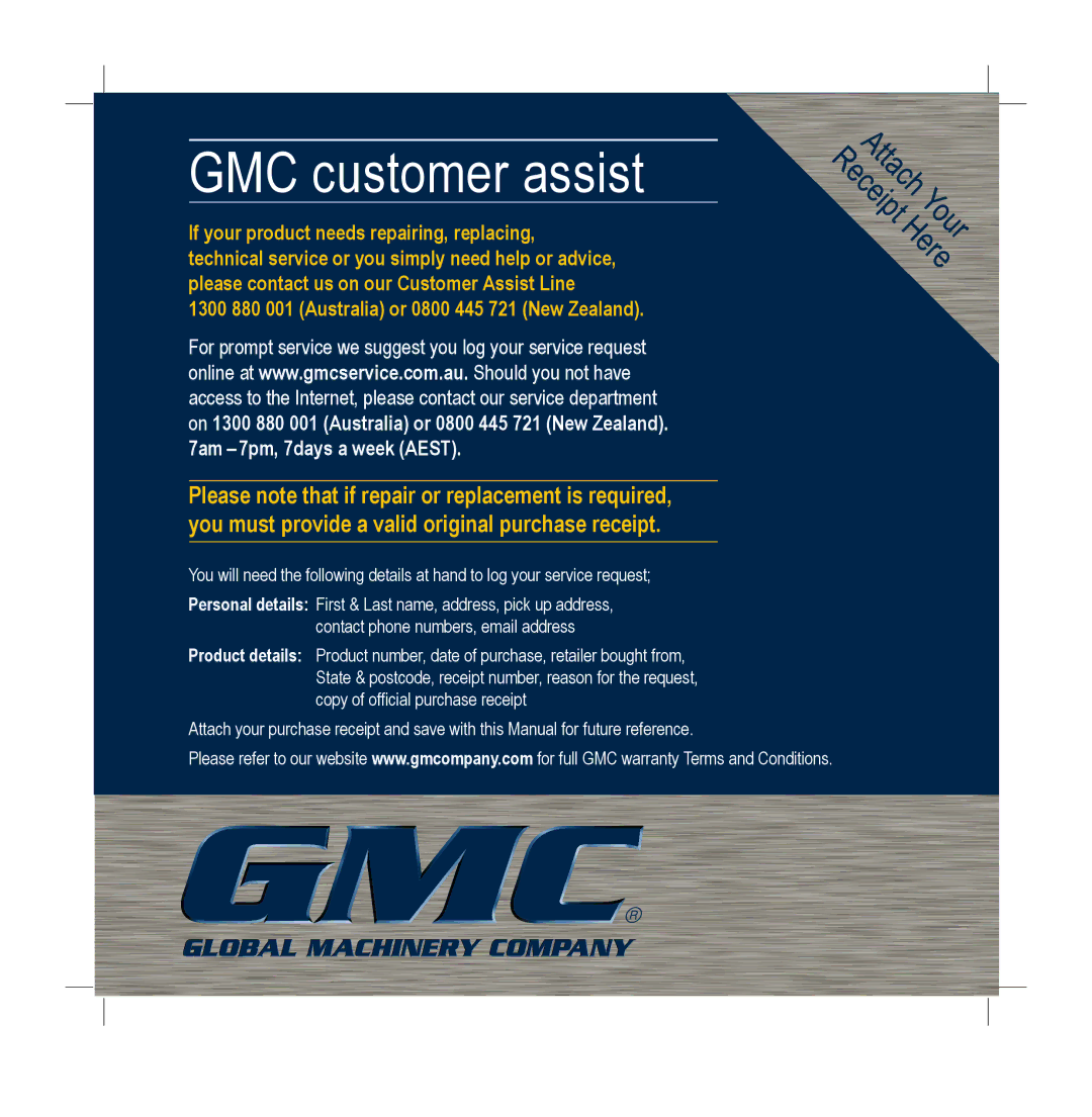 Global Machinery Company DEC004DC instruction manual GMC customer assist 