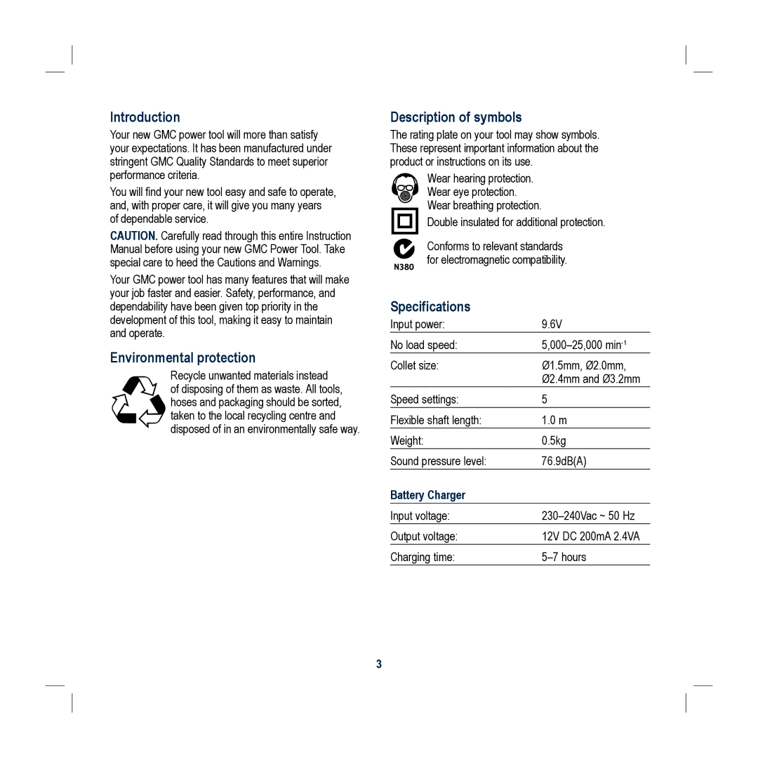 Global Machinery Company DEC004DC Introduction, Environmental protection, Description of symbols, Specifications 