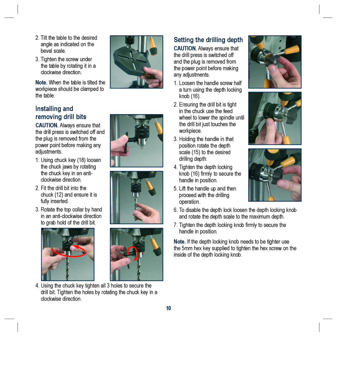 Global Machinery Company DP250LS instruction manual Installing and removing drill bits, Setting the drilling depth 