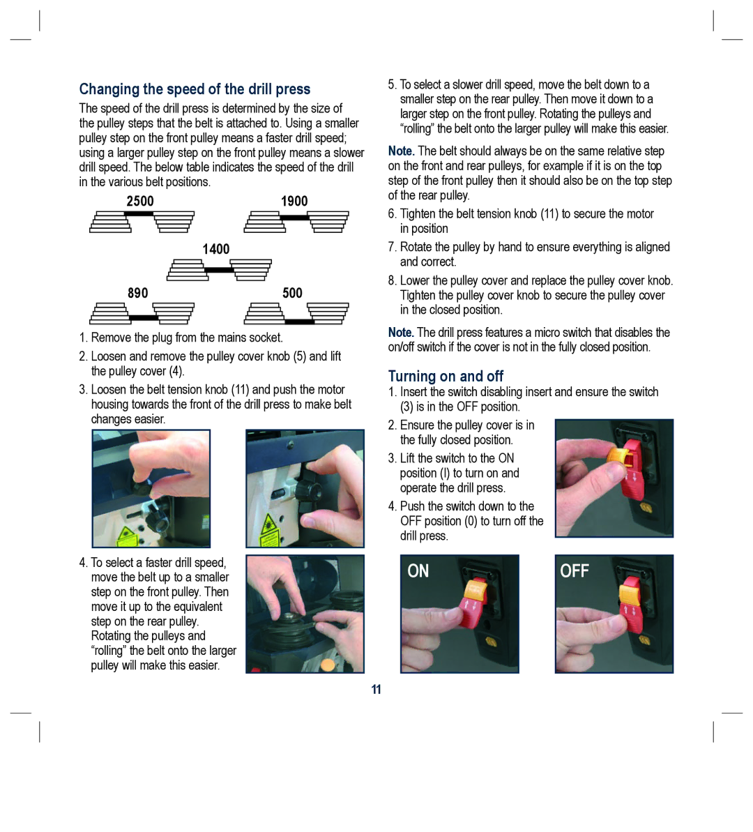 Global Machinery Company DP250LS instruction manual Changing the speed of the drill press, Turning on and off 