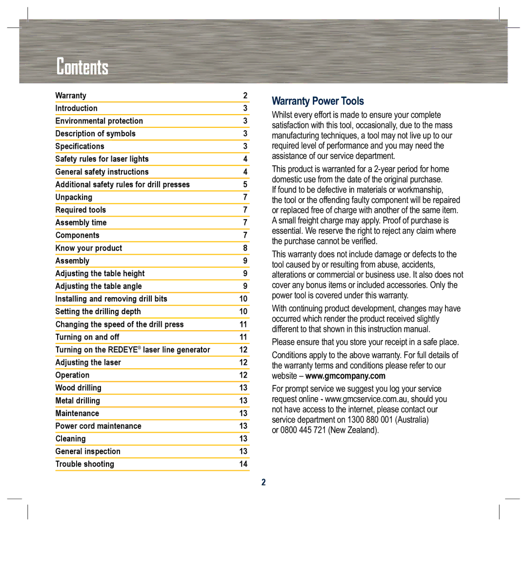 Global Machinery Company DP250LS instruction manual Contents 