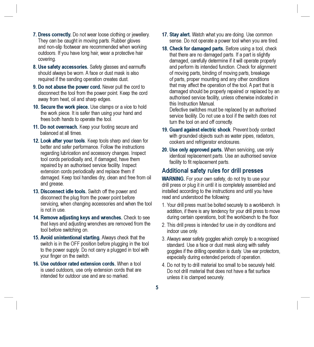 Global Machinery Company DP250LS instruction manual Additional safety rules for drill presses 