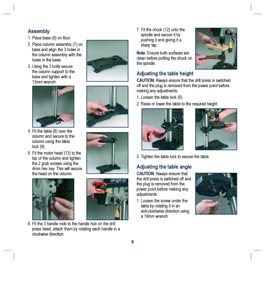 Global Machinery Company DP250LS instruction manual Assembly, Adjusting the table height, Adjusting the table angle 