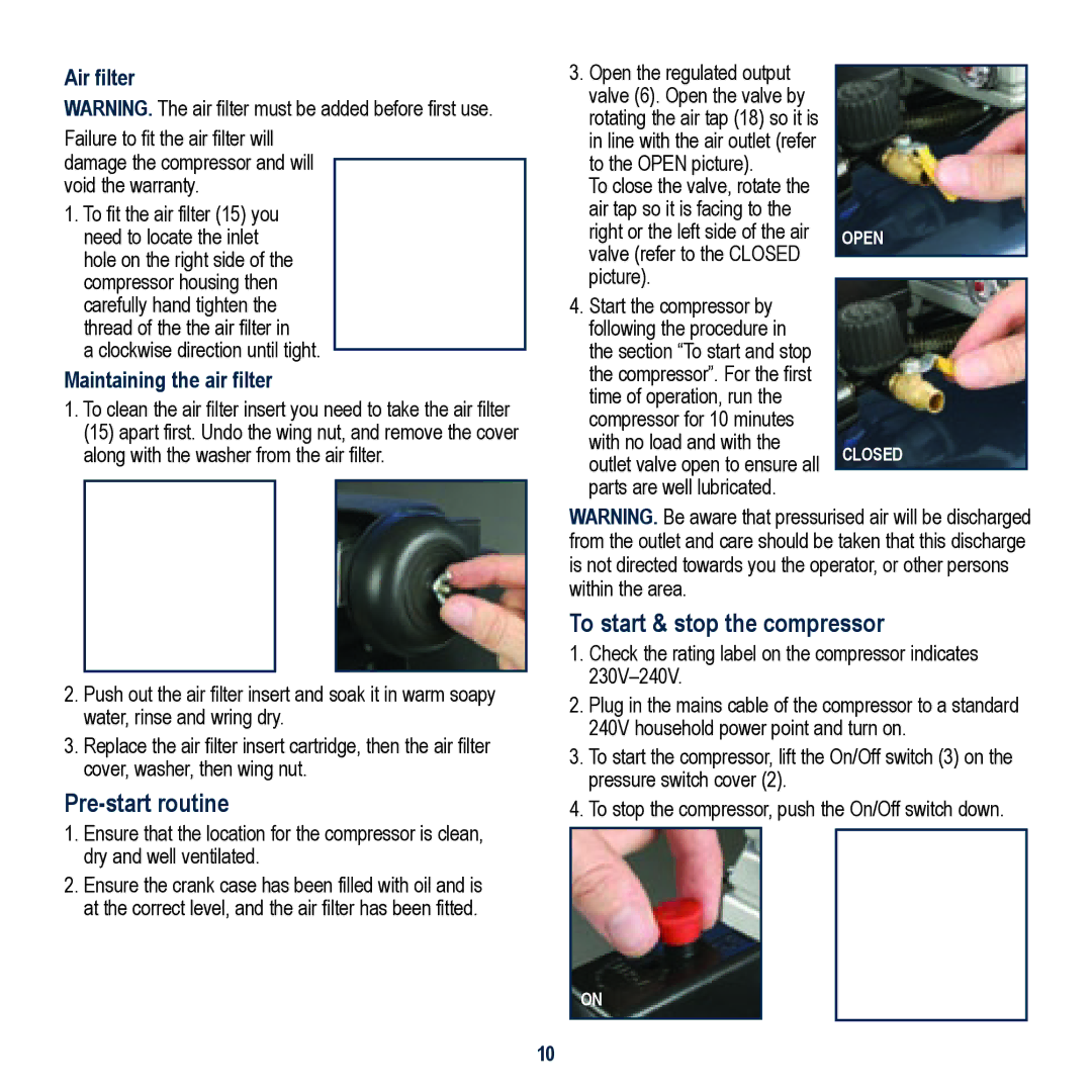 Global Machinery Company EAC30 Pre-start routine, To start & stop the compressor, Air filter, Maintaining the air filter 