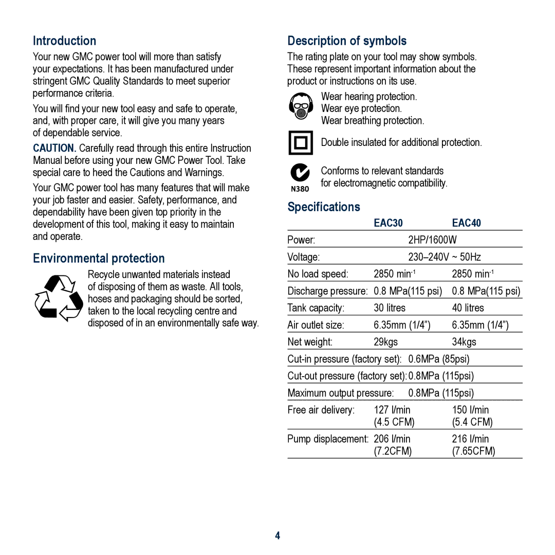 Global Machinery Company EAC30, EAC40 Introduction, Environmental protection, Description of symbols, Specifications 