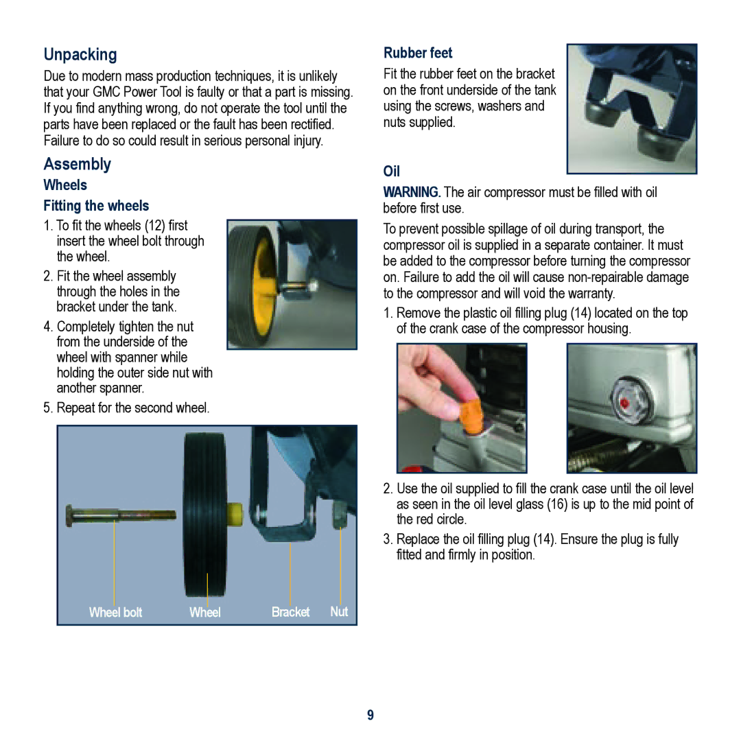 Global Machinery Company EAC40, EAC30 instruction manual Unpacking, Assembly, Wheels Fitting the wheels, Rubber feet, Oil 