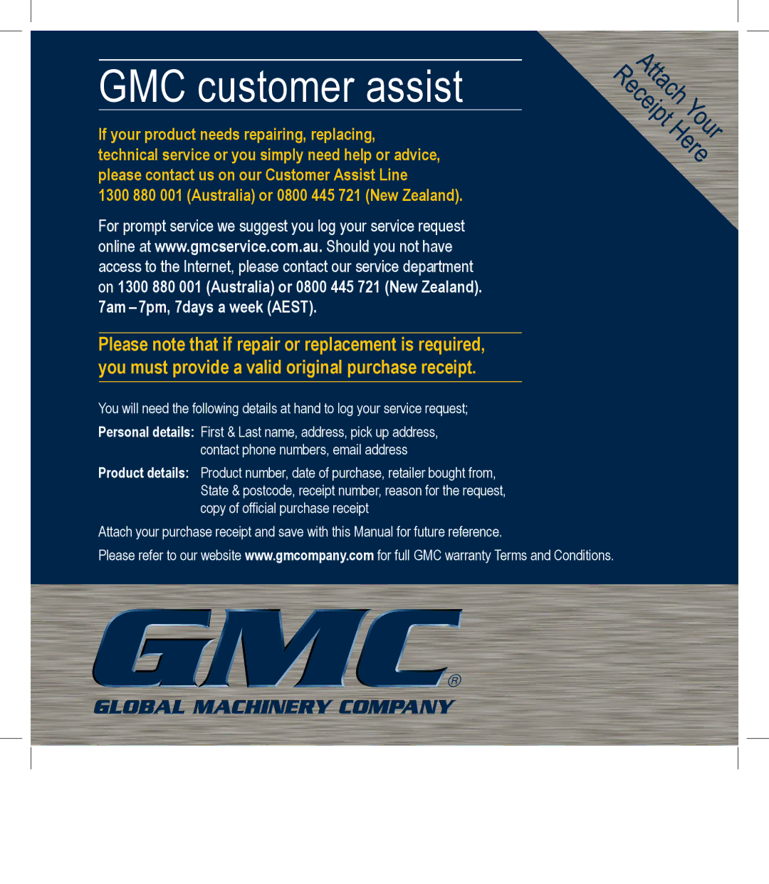 Global Machinery Company EDG3 instruction manual GMC customer assist 