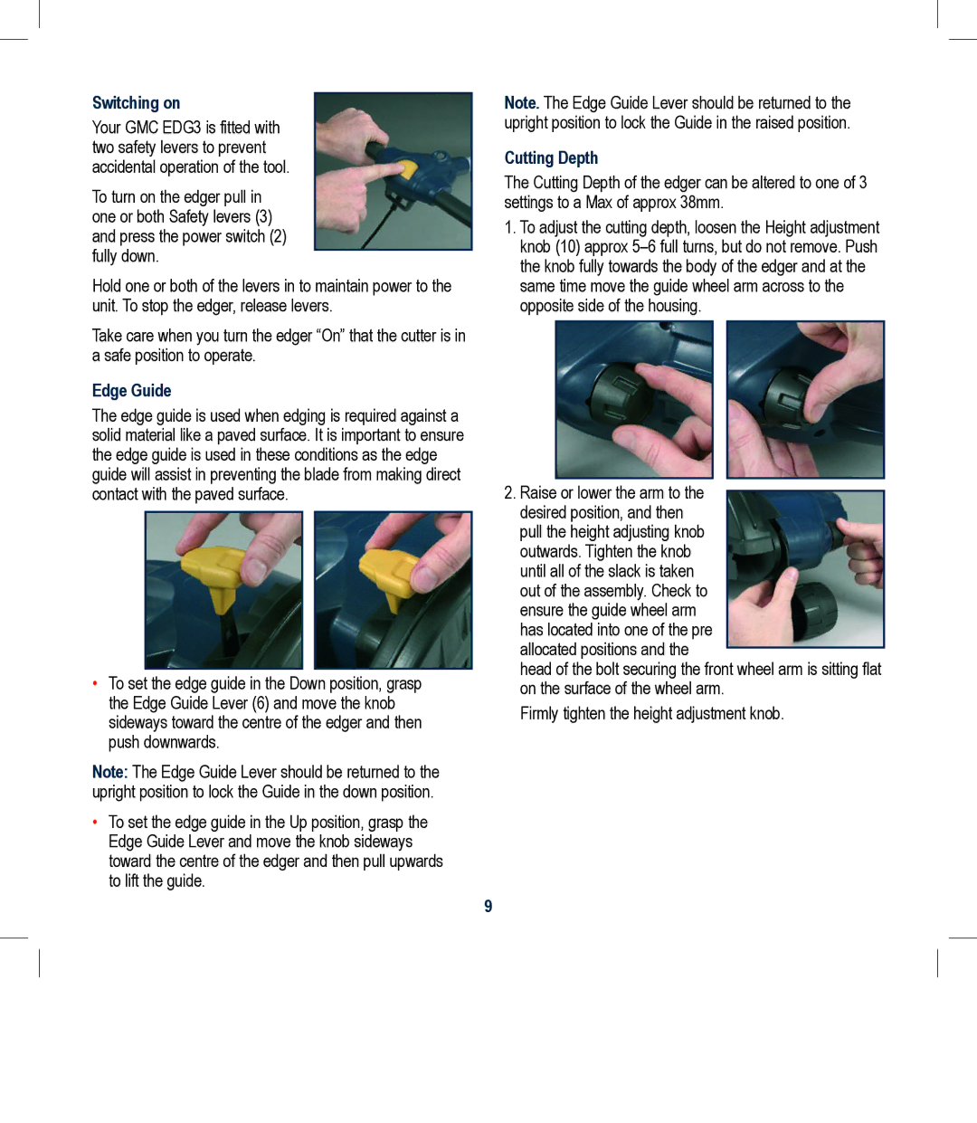 Global Machinery Company EDG3 instruction manual Switching on, Edge Guide, Cutting Depth 