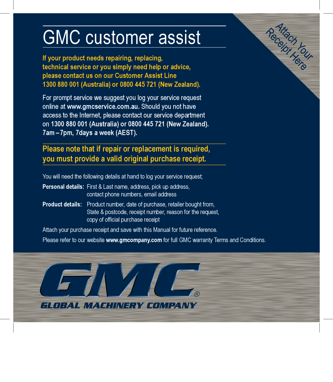 Global Machinery Company EDG3 instruction manual GMC customer assist, 1300 880 001 Australia or 0800 445 721 New Zealand 