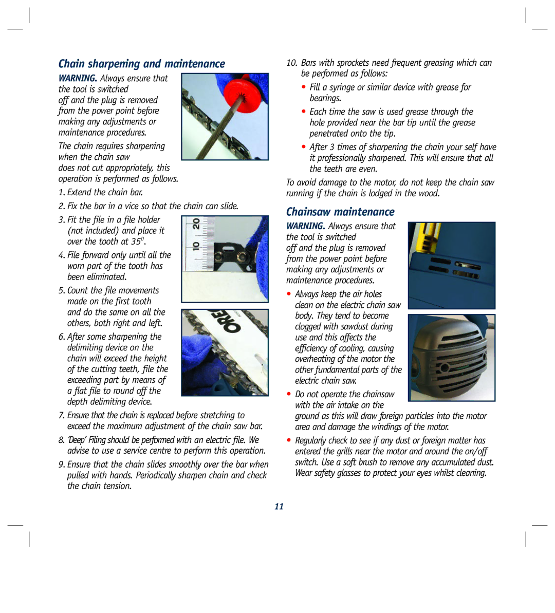 Global Machinery Company ELC2000 instruction manual Chain sharpening and maintenance, Chainsaw maintenance 