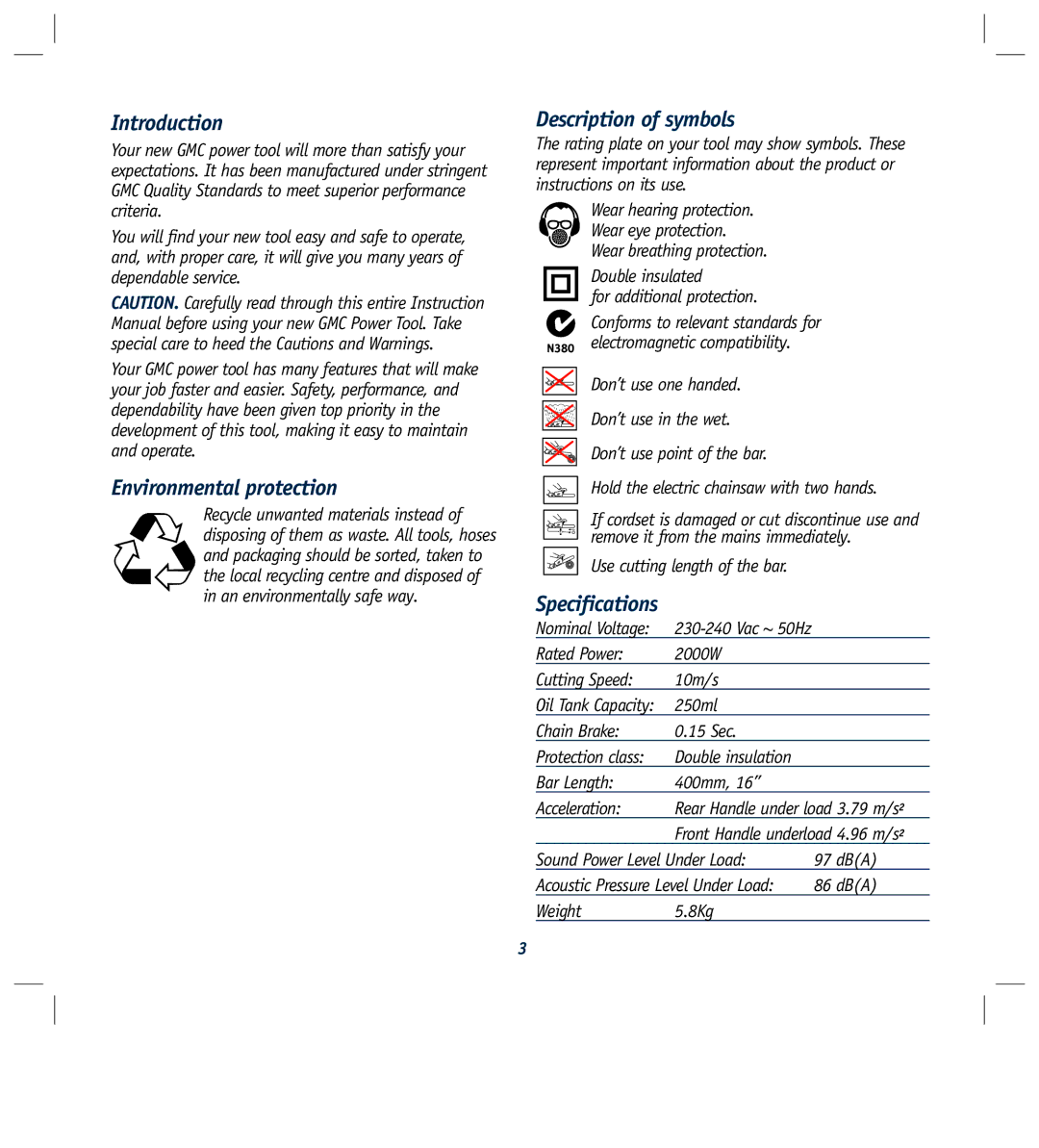 Global Machinery Company ELC2000 instruction manual Description of symbols, Specifications 