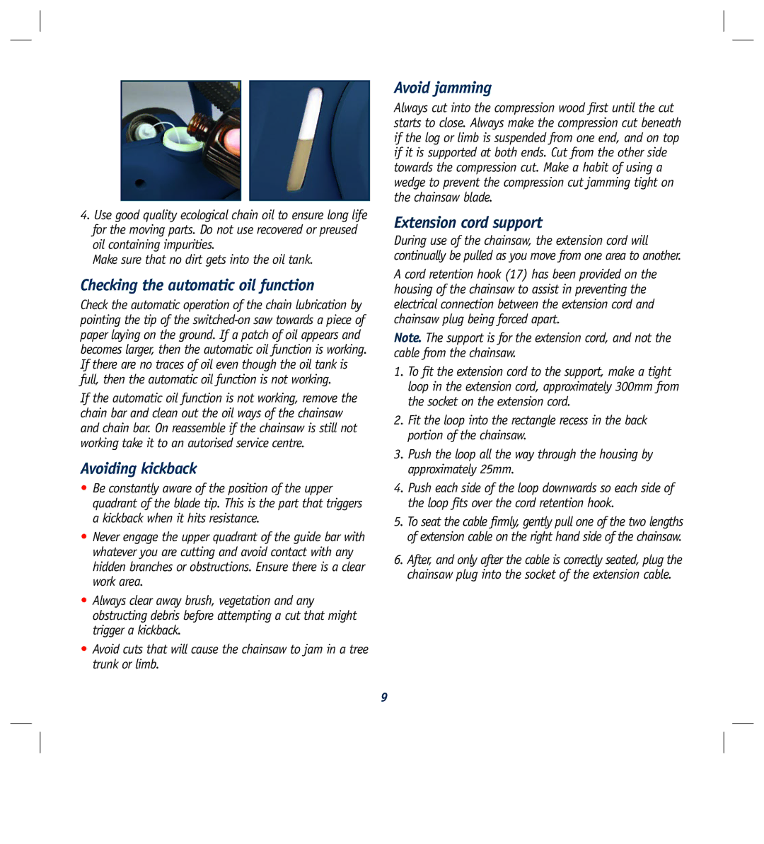 Global Machinery Company ELC2000 instruction manual Checking the automatic oil function, Avoiding kickback, Avoid jamming 