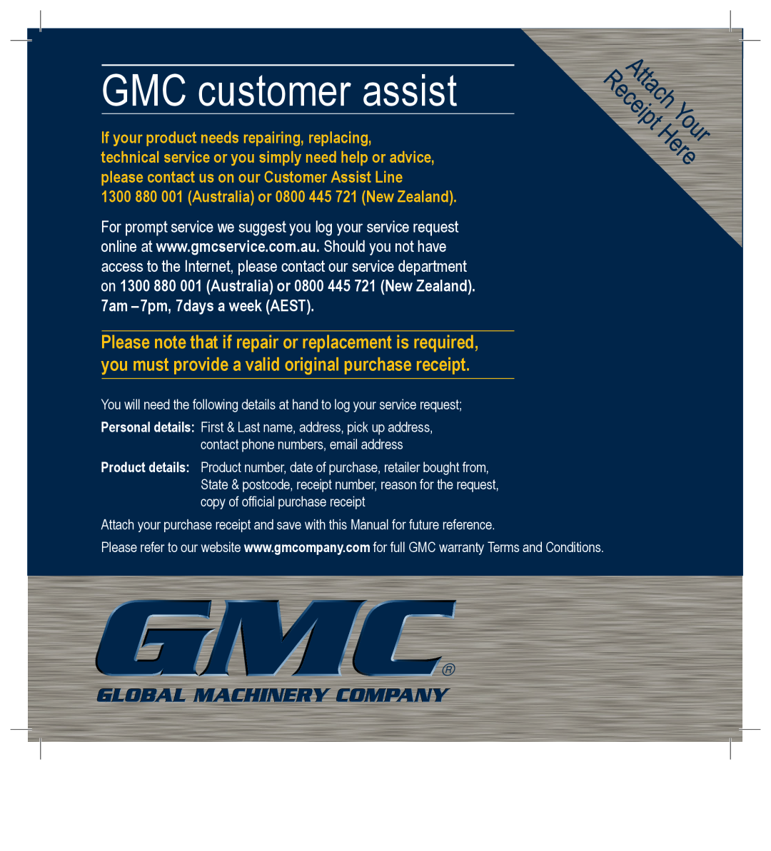 Global Machinery Company ELC2000 instruction manual GMC customer assist 
